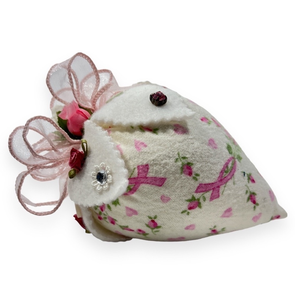 Handmade Strawberry Pin Cushion Floral Rose Bud and Ribbons Pink Survivor Print‎